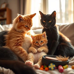 A heartwarming scene of a baby cat cuddling with its mother and father