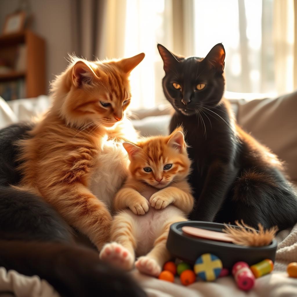 A heartwarming scene of a baby cat cuddling with its mother and father