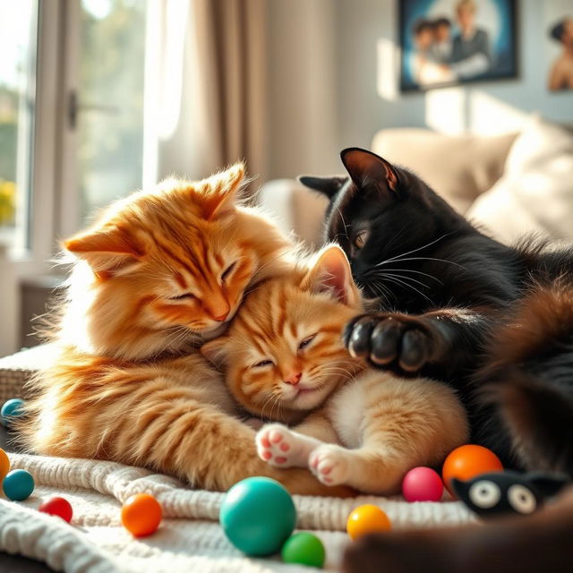 A heartwarming scene of a baby cat cuddling with its mother and father