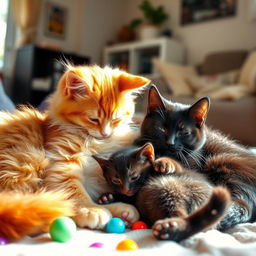 A heartwarming scene of a baby cat cuddling with its mother and father