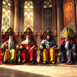 A grand throne room featuring four regal kings sitting majestically on elaborate thrones, each adorned in luxurious robes and crowns that symbolize their unique kingdoms