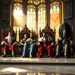 A grand throne room featuring four regal kings sitting majestically on elaborate thrones, each adorned in luxurious robes and crowns that symbolize their unique kingdoms
