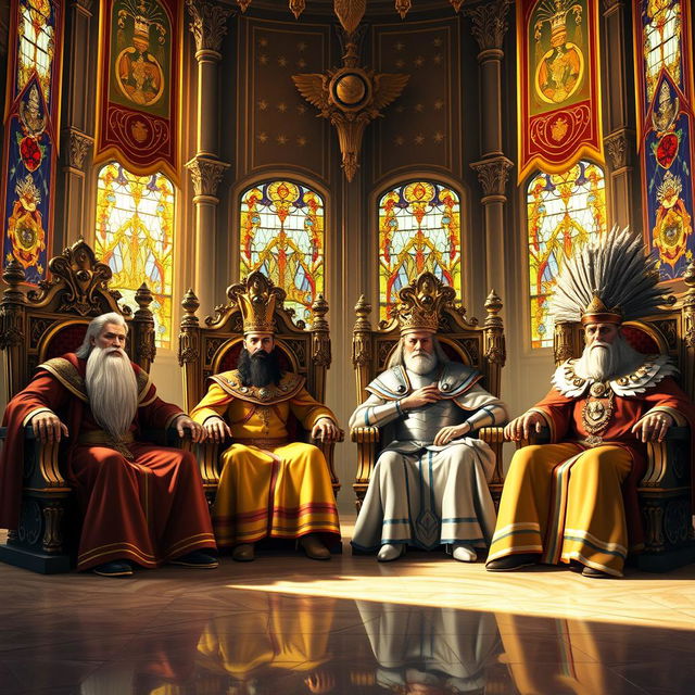 A grand throne room featuring four regal kings sitting majestically on elaborate thrones, each adorned in luxurious robes and crowns that symbolize their unique kingdoms