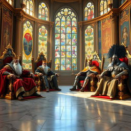 A grand throne room featuring four regal kings sitting majestically on elaborate thrones, each adorned in luxurious robes and crowns that symbolize their unique kingdoms