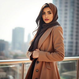 A beautiful Arab woman dressed in a stylish, modern hijab, showcasing an elegant blend of traditional and contemporary fashion