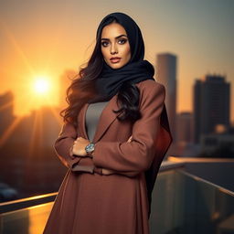 A beautiful Arab woman dressed in a stylish, modern hijab, showcasing an elegant blend of traditional and contemporary fashion