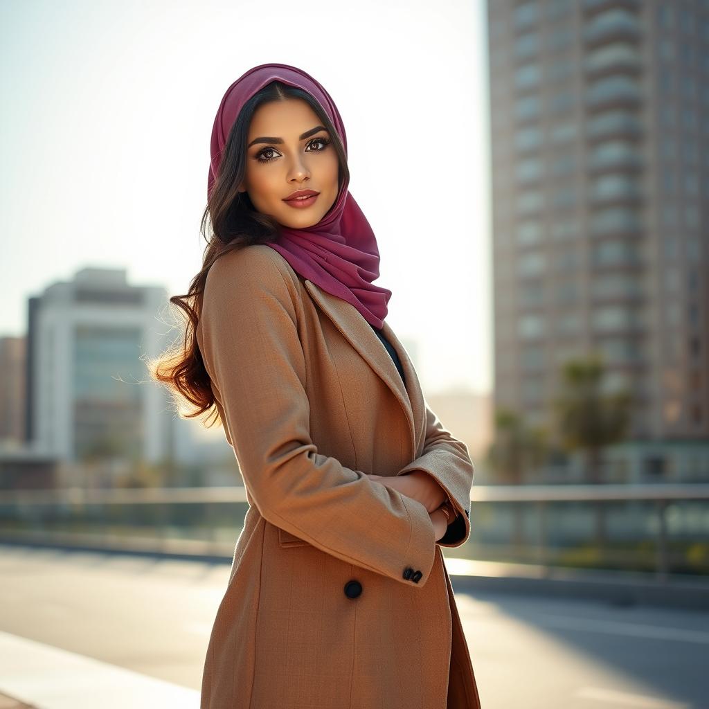A beautiful Arab woman dressed in a stylish, modern hijab, showcasing an elegant blend of traditional and contemporary fashion