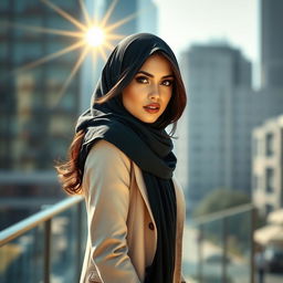 A beautiful Arab woman dressed in a stylish, modern hijab, showcasing an elegant blend of traditional and contemporary fashion
