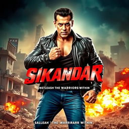 An action-packed movie poster for the film 'Sikandar' featuring the iconic Bollywood actor Salman Khan in a powerful stance