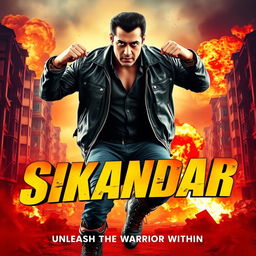 An action-packed movie poster for the film 'Sikandar' featuring the iconic Bollywood actor Salman Khan in a powerful stance