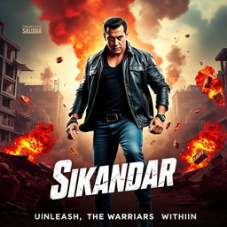 An action-packed movie poster for the film 'Sikandar' featuring the iconic Bollywood actor Salman Khan in a powerful stance