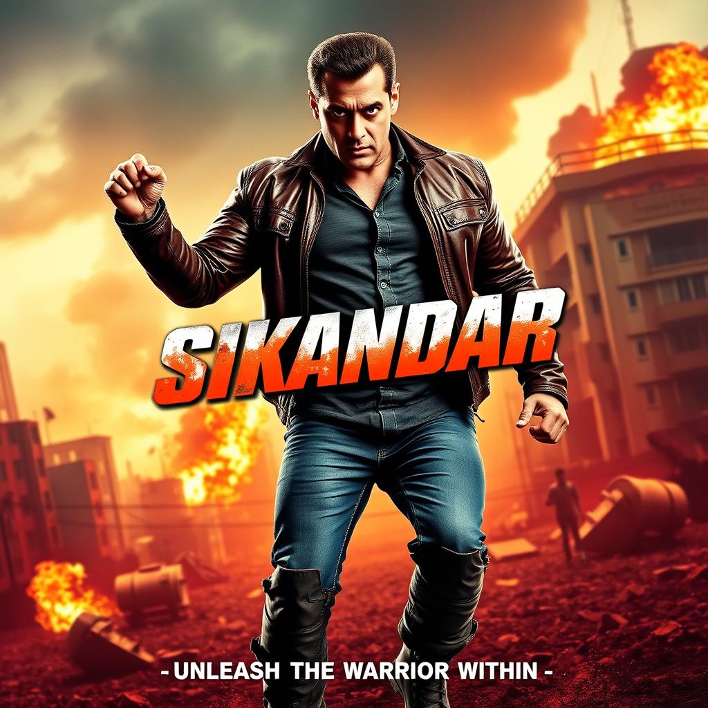 An action-packed movie poster for the film 'Sikandar' featuring the iconic Bollywood actor Salman Khan in a powerful stance