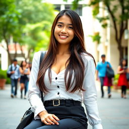 A beautiful Indonesian female university student with prominent features, showcasing her large bust in a fashionable outfit
