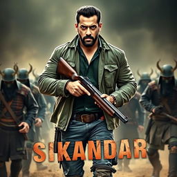 An action-packed movie poster featuring Salman Khan as 'Sikandar', showcasing a rugged look with a beard