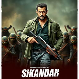 An action-packed movie poster featuring Salman Khan as 'Sikandar', showcasing a rugged look with a beard