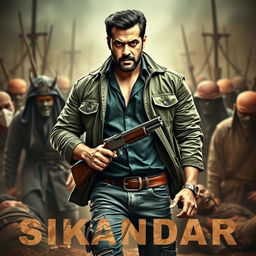 An action-packed movie poster featuring Salman Khan as 'Sikandar', showcasing a rugged look with a beard