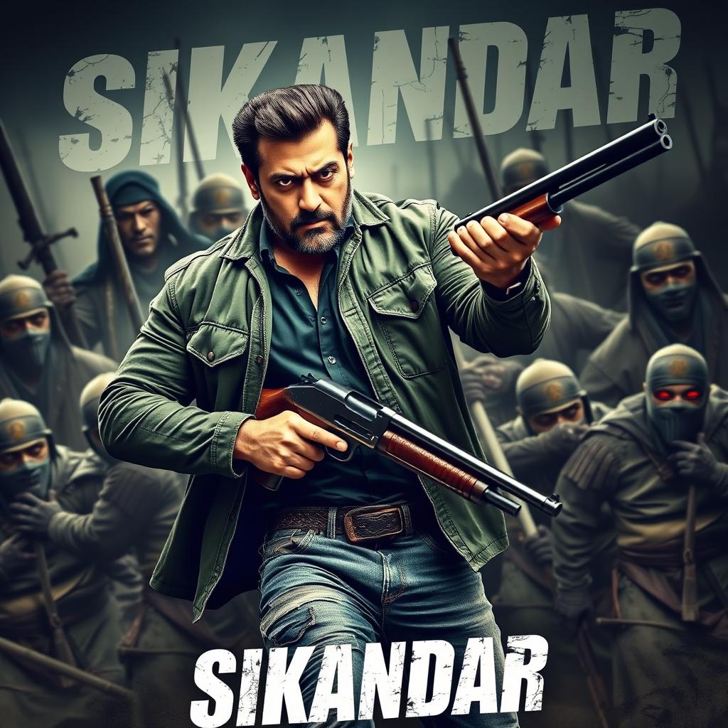 An action-packed movie poster featuring Salman Khan as 'Sikandar', showcasing a rugged look with a beard