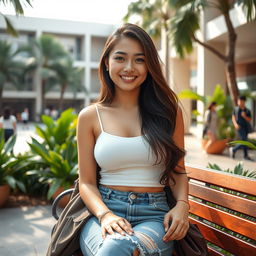 A beautiful Thai female university student with large breasts, radiating elegance and self-assurance