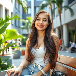 A beautiful Thai female university student with large breasts, radiating elegance and self-assurance