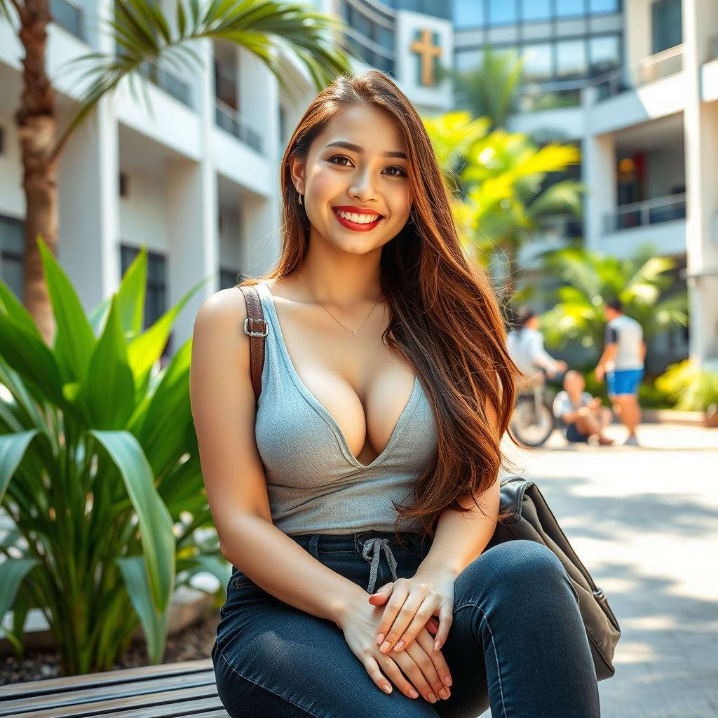 A beautiful Thai female university student with large breasts, radiating elegance and self-assurance