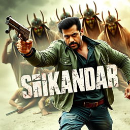 An action-packed movie poster featuring Salman Khan as 'Sikandar', showcasing him powerfully holding a shotgun