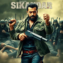 An action-packed movie poster featuring Salman Khan as 'Sikandar', showcasing him powerfully holding a shotgun