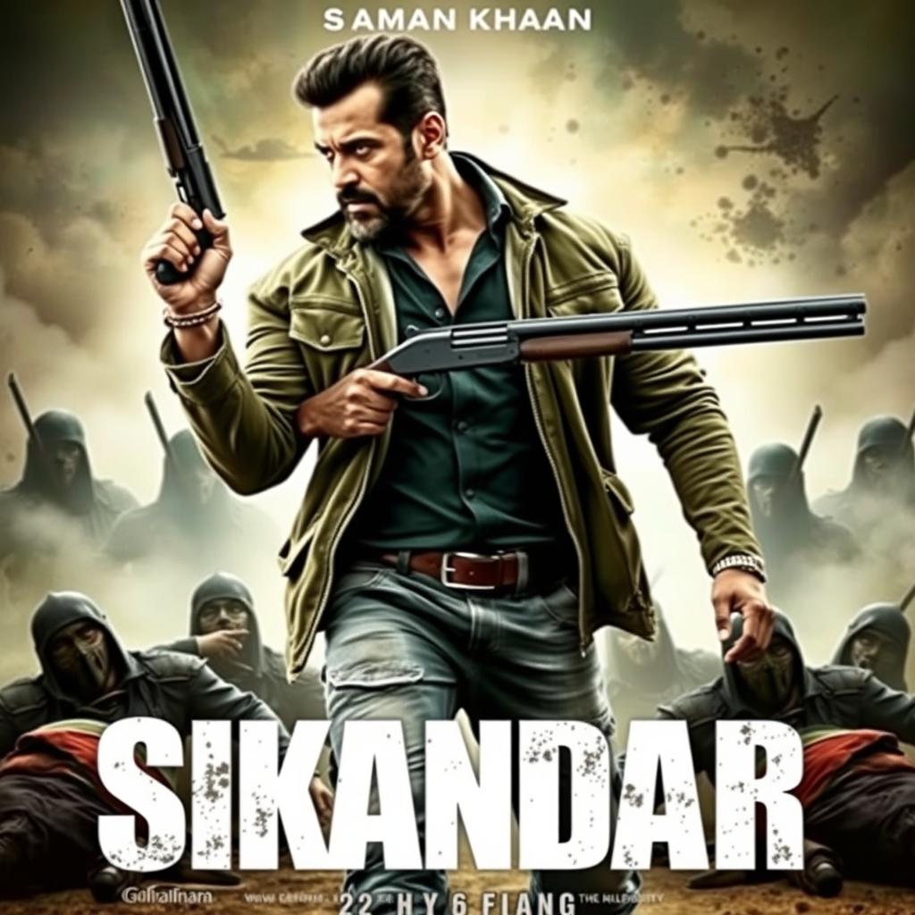An action-packed movie poster featuring Salman Khan as 'Sikandar', showcasing him powerfully holding a shotgun