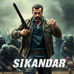 An action-packed movie poster featuring Salman Khan as 'Sikandar', showcasing him powerfully holding a shotgun