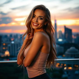 A captivating photograph featuring a glamorous model in a stylish, form-fitting top