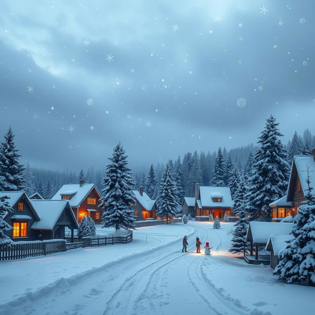 A serene winter landscape featuring a quaint village blanketed in fresh white snow