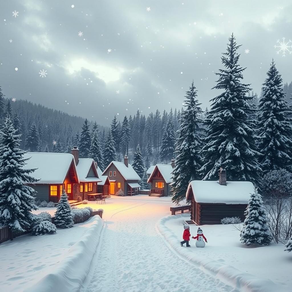 A serene winter landscape featuring a quaint village blanketed in fresh white snow