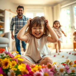 A lively scene of a young girl sitting on the floor surrounded by colorful flowers, her face bright with joy as she plays