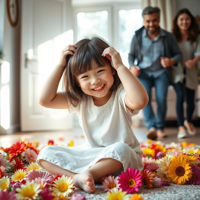 A lively scene of a young girl sitting on the floor surrounded by colorful flowers, her face bright with joy as she plays