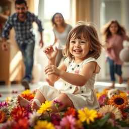 A lively scene of a young girl sitting on the floor surrounded by colorful flowers, her face bright with joy as she plays