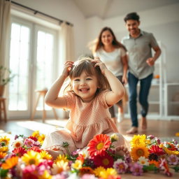 A lively scene of a young girl sitting on the floor surrounded by colorful flowers, her face bright with joy as she plays