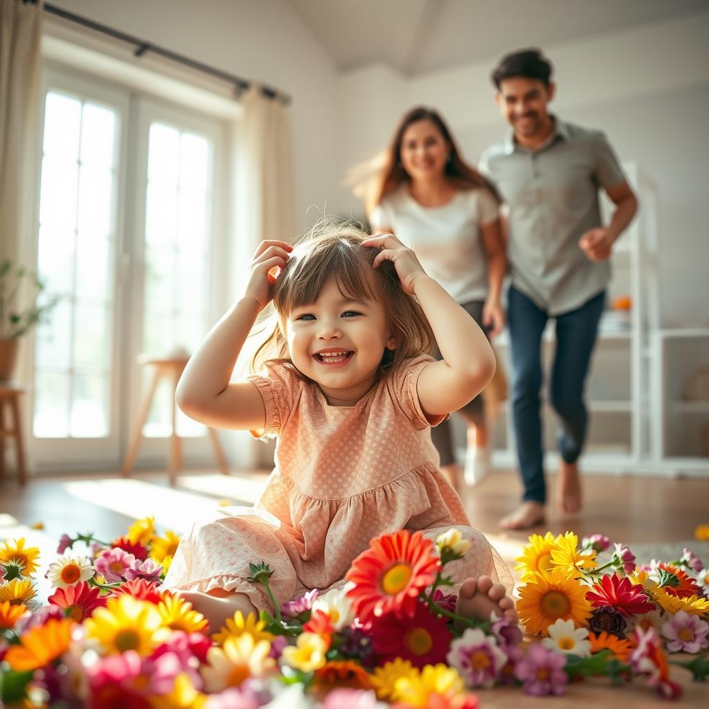 A lively scene of a young girl sitting on the floor surrounded by colorful flowers, her face bright with joy as she plays