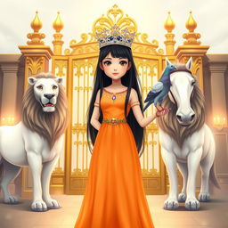 A full-body illustration of an 11-year-old white Brazilian princess, featuring long, straight black hair, dark eyes, and fair skin, adorned with a sparkling crown