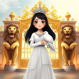 A full-body illustration of an 11-year-old white Brazilian princess, featuring long, straight black hair, dark eyes, and fair skin, adorned with a sparkling crown