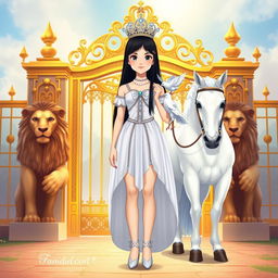 A full-body illustration of an 11-year-old white Brazilian princess, featuring long, straight black hair, dark eyes, and fair skin, adorned with a sparkling crown