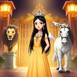 A full-body illustration of an 11-year-old white Brazilian princess, featuring long, straight black hair, dark eyes, and fair skin, adorned with a sparkling crown