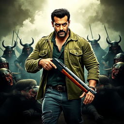 An action-packed poster featuring a rugged Salman Khan with a beard, confidently holding a shotgun