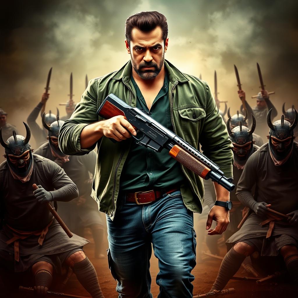 An action-packed poster featuring a rugged Salman Khan with a beard, confidently holding a shotgun
