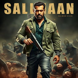 An action-packed poster featuring a rugged Salman Khan with a beard, confidently holding a shotgun