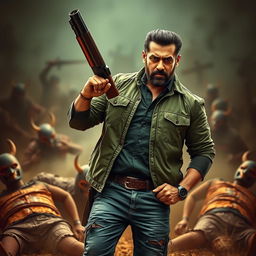An action-packed poster featuring a rugged Salman Khan with a beard, confidently holding a shotgun