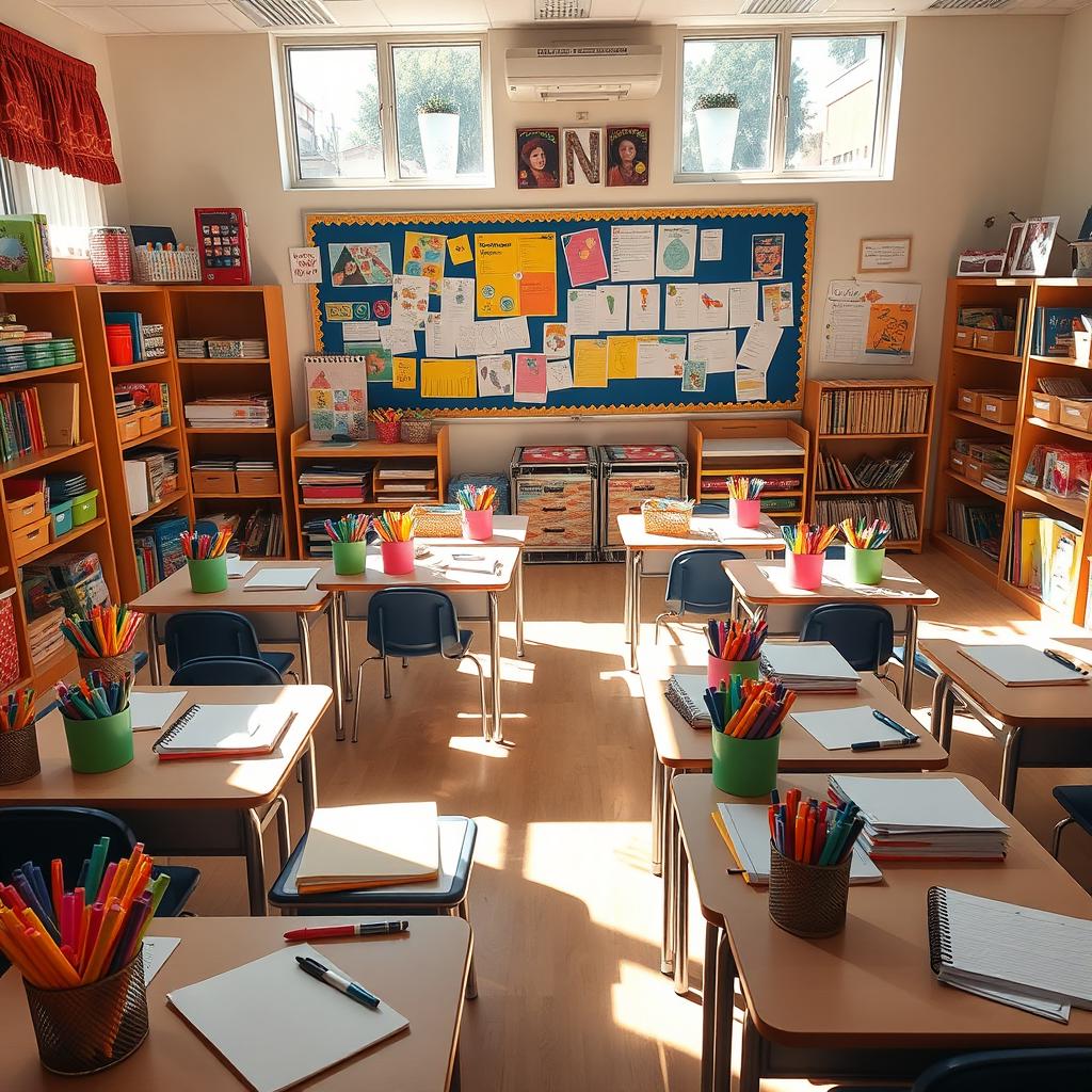 A vibrant classroom filled with colorful stationery items