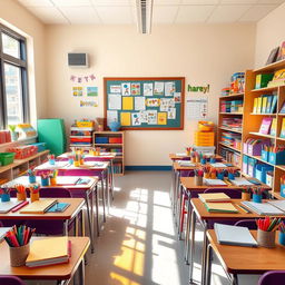 A vibrant classroom filled with colorful stationery items