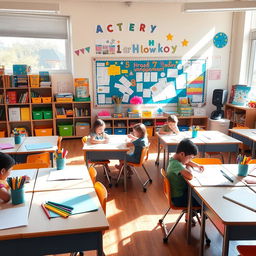 A vibrant classroom filled with colorful stationery items