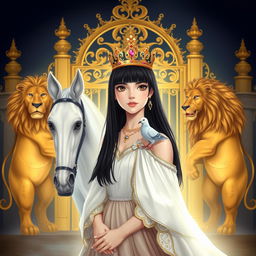 A full-body illustration of an 11-year-old white Brazilian princess, featuring long, straight black hair, dark eyes, and fair skin, adorned with a regal crown
