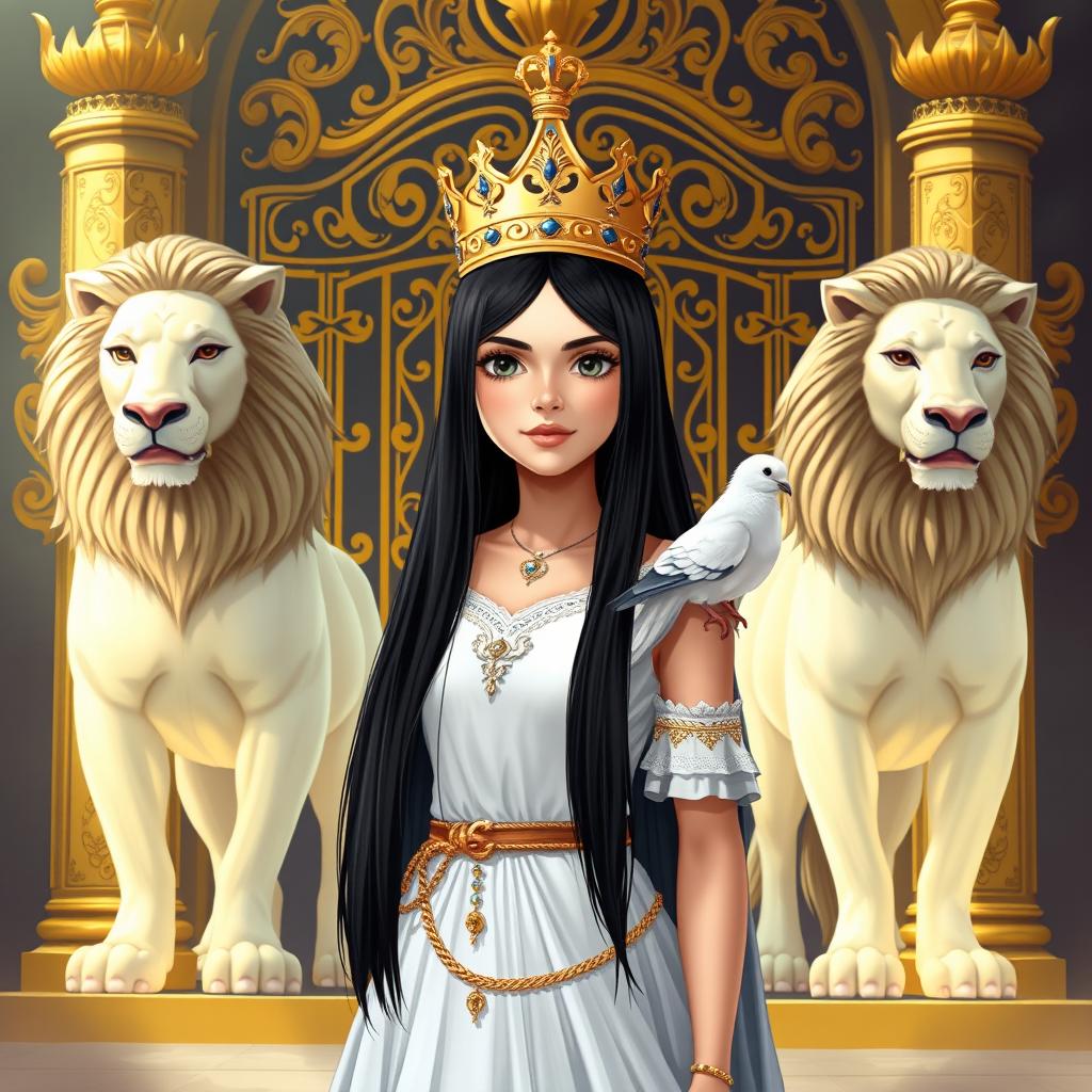 A full-body illustration of an 11-year-old white Brazilian princess, featuring long, straight black hair, dark eyes, and fair skin, adorned with a regal crown