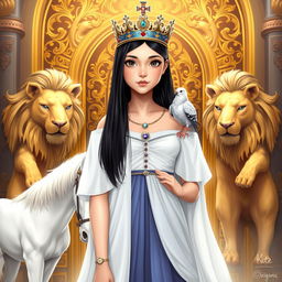 A full-body illustration of an 11-year-old white Brazilian princess, featuring long, straight black hair, dark eyes, and fair skin, adorned with a regal crown